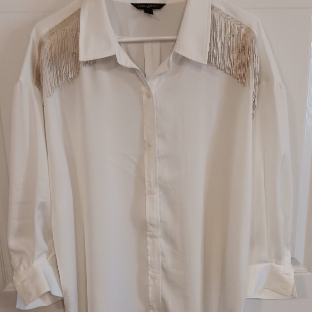 Banana Republic 100% Polyester Blouse with Fringe, Cream, Large, Long Sleeves